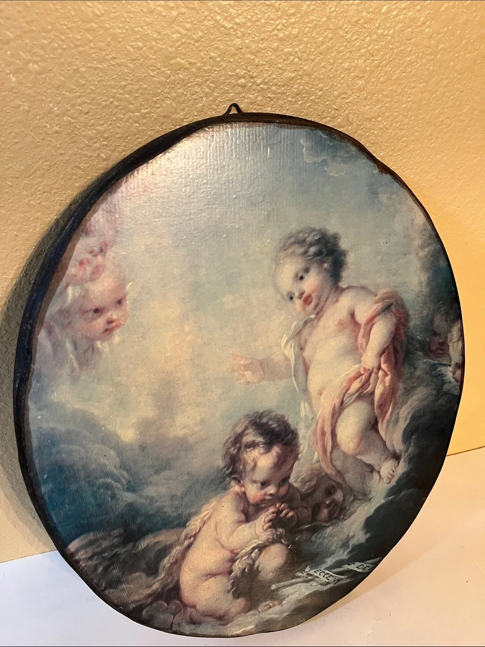 Vintage Francois Boucher Florentine Cherub Angel Round Wood wall art Plaque